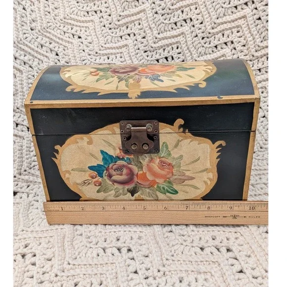 Vintage Hand Painted Floral Wooden Keepsake Chest Black Gold Jewelry Box 9.5in - Picture 8 of 11